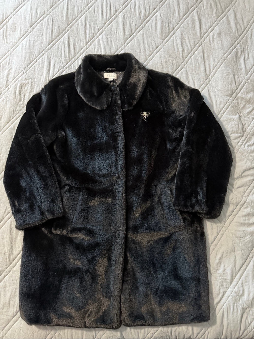 ELLE Black Faux Fur Teddy Coat with Decorative Brooch